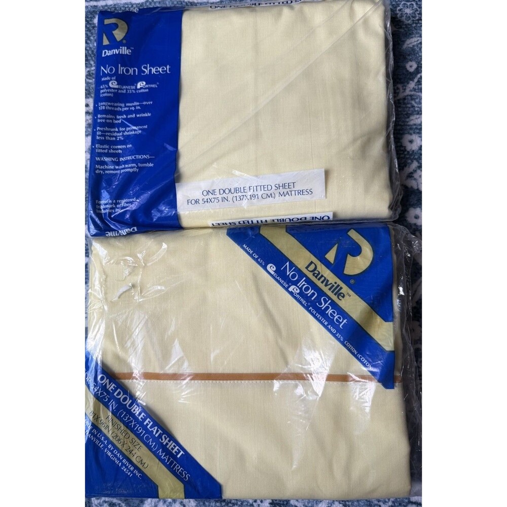 Vintage Dan River Fitted and Flat Yellow No-Iron Cotton Blend Double Sheet Set